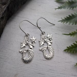 Silver Toned Mermaid Drop Earrings / Beach Jewelry
